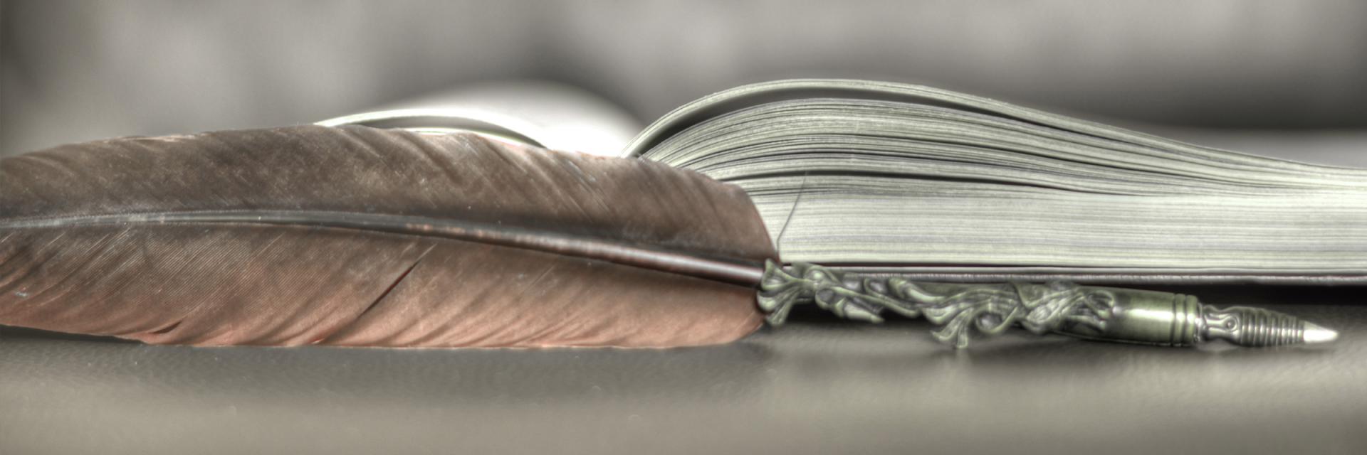 An old-style feathered ink quill laying flat in front of an open book
