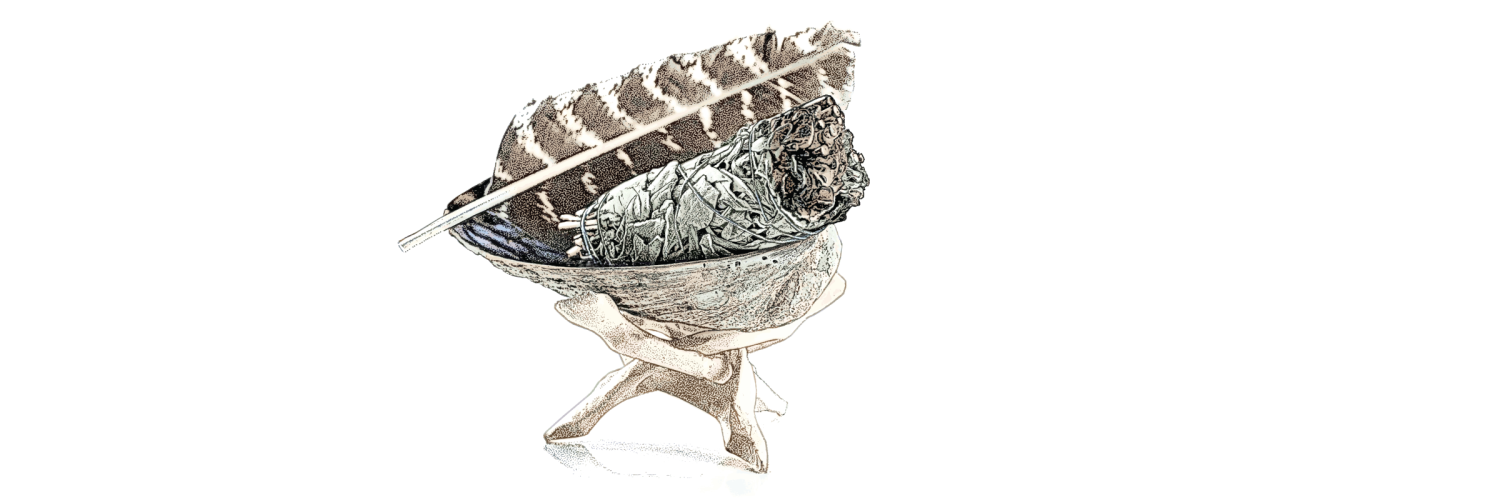 Bowl with smudge stick and feathers.