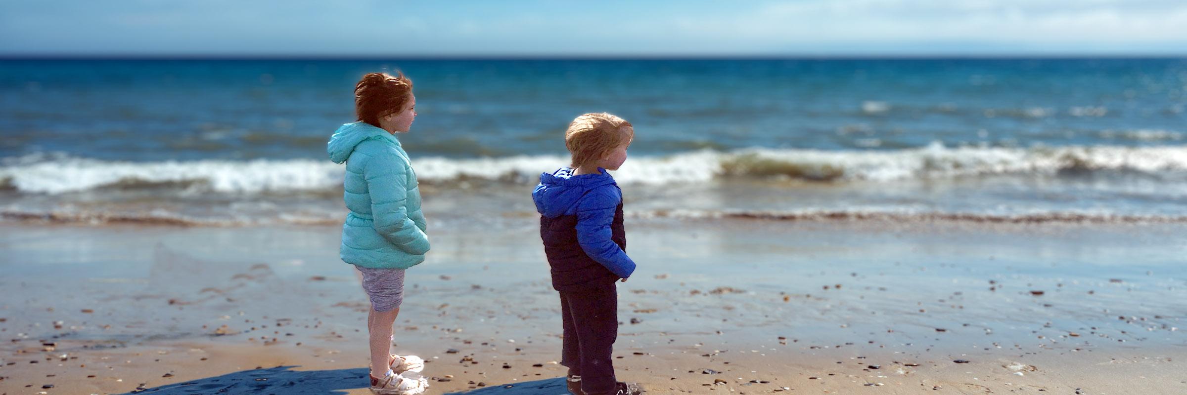 Photo of a toddler brother and sister at the beach looking towards the ocean horizon.