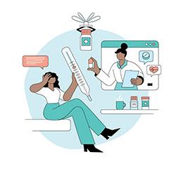Illustration of a black female patient sitting on the exam table with a hand to her head and a telehealth doctor handing her a bottle.