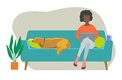 Illustration of a black woman sitting on a blue couch with a medium-sized dog lying beside her.