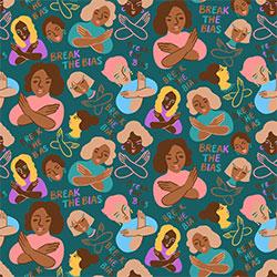 Colorfully drawn pattern of diverse black women with the arms folded in front of them.